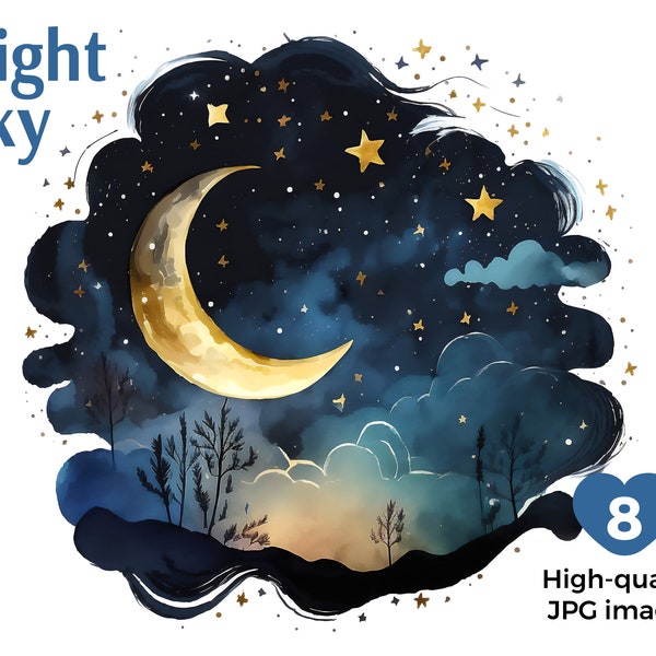 Watercolor Magical Night Sky Clipart, 8 High Quality JPGs, Night Sky Wall Art, Card Making, Digital Paper Craft