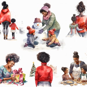 16 Clipart de madre afro de Navidad de acuarela - gráficos de descarga imprimibles de mujer afro de vista posterior en formato jpg para uso comercial