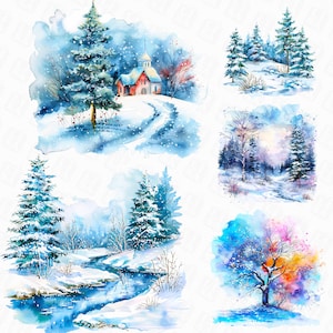33 Watercolor winter wonderland background - winter landscape printable graphics in PNG format for commercial use