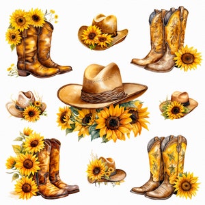 Aquarel zonnebloem cowboyhoed en cowboylaarzen png - westers ontwerp png, westerse zonnebloem, westerse hoed, landontwerp, sublimatie png