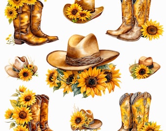 Watercolor sunflower cowboy hat and cowboy boots png - western design png, western sunflower, western hat, country design, sublimation png
