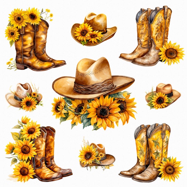 Watercolor sunflower cowboy hat and cowboy boots png - western design png, western sunflower, western hat, country design, sublimation png