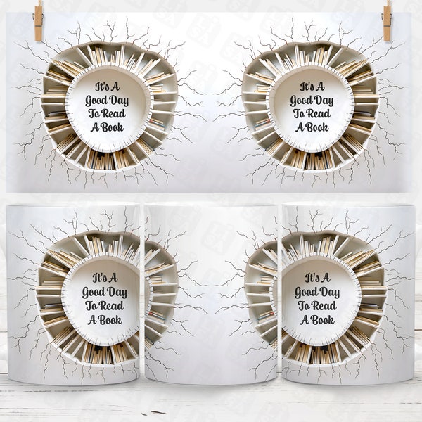 3D Reading Book Mug Wrap Design 11oz and 15oz, Library Mug Wrap with Teacher Mug Design, 3D Book Mug