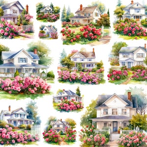 Akwarela Dom i Róże PNG - Cottagecore Clipart - Zestaw Clipartów Ogrodu Kwiatowego