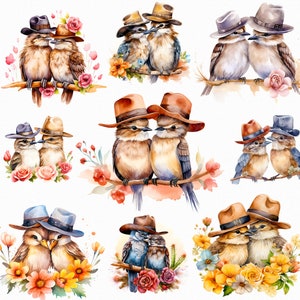 Aquarelle oiseaux floraux en chapeau png - couple d’oiseaux floraux, western de la Saint-Valentin, cowboy western, oiseaux de cowboy et de cow-girl