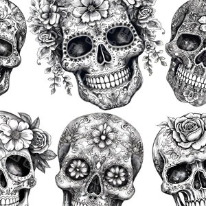 12 cliparts de crâne de sucre vintage - antique beau crâne floral bundle clipart graphiques au format png à usage commercial