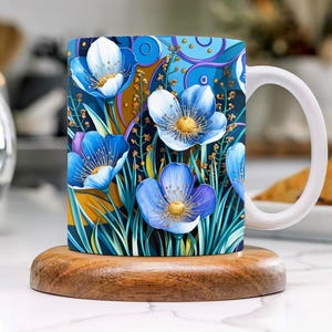3d Blue Flowers Mug Wrap 11oz & 15oz Mug, Blue Flowers 3d Mug Sublimation Design Mug Wrap Template PNG, Dandelion Wrap