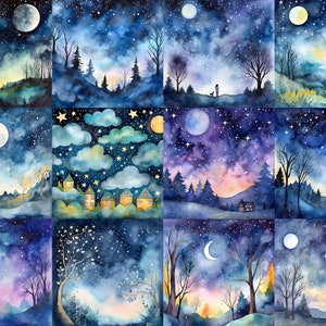 13 Aquarel magische nachtelijke hemel digitale achtergrond - sterrennacht maan scrapbook papier digitale download voor commercieel gebruik