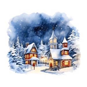 Imágenes prediseñadas de la noche de invierno de acuarela - Gráficos imprimibles de Winter Village en formato JPG para uso comercial
