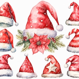 34 Watercolor Christmas Hat Png Clipart. Santa Hat Png. Christmas Clipart Bundle.