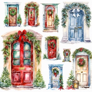 Watercolor Christmas door png - Christmas png clipart, house door with wreath, xmas decoration