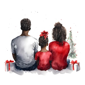 Família negra de Natal em aquarela - imagens de visão traseira da família - confecção de cartões, convite, scrapbooking, artesanato em papel digital