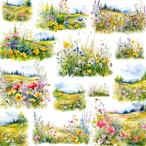 水彩画の春の野花の草原 PNG、春のクリップアート セット、野花の PNG グラフィック、デジタル ダウンロード
