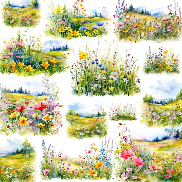 Aquarell Frühling Wildblumenwiese PNG, Frühlings Clipart Set, Wildblumen PNG Grafiken, digitaler Download