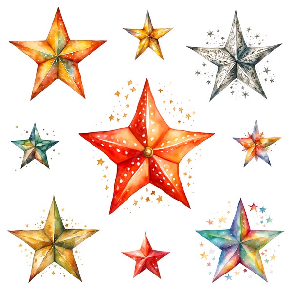 Watercolor star clipart - colorful Christmas star - digital download - card making, invitation, scrapbooking, digital paper craft