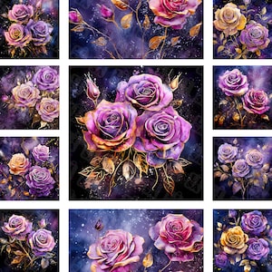 Watercolor purple and gold roses digital paper on grunge dark texture - digital background, background, roses digital, 10&quot;x10&quot;