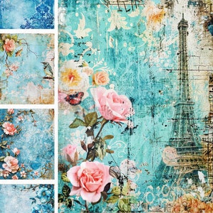 58 Blue shabby chic rose digital paper - vintage blue scrapbook paper, shabby chic french blue journal pages printable 8.5x11 inch