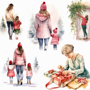 9 Clipart de mamá de Navidad de acuarela - gráficos de descarga imprimibles de madre e hija de vista posterior en formato jpg para uso comercial