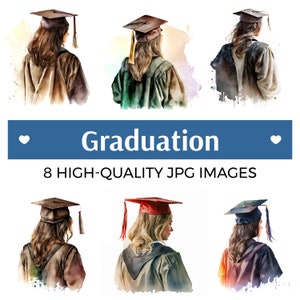 Watercolor Graduation Clipart, Watercolor Graduation Image Files, Instant Download Art, 8 High Quality JPGs