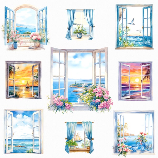 Aquarel strandvenster png - zeevenster, oceaanvenster clipart, blauw wit venster, vensterzonsondergang, vensterafbeeldingen