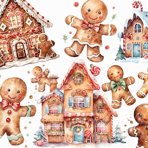 41 Casa di pan di zenzero e omino di pan di zenzero ad acquerello - Grafica clipart con biscotti di Natale in formato png per uso commerciale