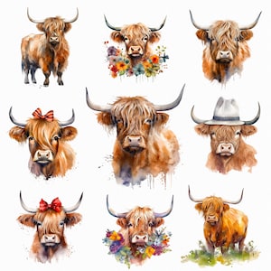 Watercolor highland cow png - cow face with bow and flowers - digital download - scrapbooking, planner, sublimation, card making