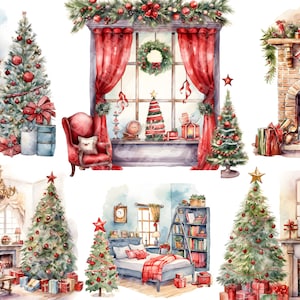 19 Interni natalizi ad acquerello: accoglienti stanze natalizie con decorazioni, bundle di grafica clipart in formato jpg per uso commerciale