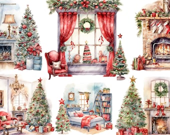 19 Interior navideño en acuarela: acogedoras habitaciones navideñas con decoraciones que incluyen gráficos clipart en formato jpg para uso comercial