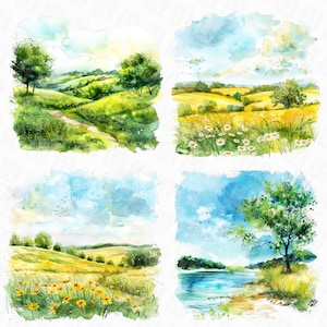 Acuarela paisaje de verano png, verano png, imágenes prediseñadas de verano, paisaje png, campo de acuarela png, escena de acuarela para el verano