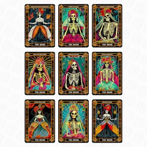 9 Lustige Braut Tarot-Karte Png, Braut-Skelett-Sublimationsentwurf, lustige Hexen-Braut-Schädel-Tarot-T-Shirt Png-Datei, Braut-Digital-Download
