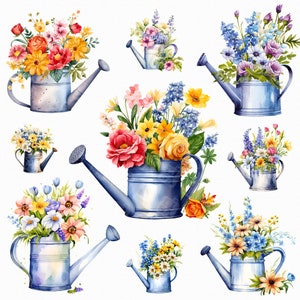 Arrosoir aquarelle png - fleurs de printemps, jardinage aquarelle, jardin png, printemps png - téléchargement numérique