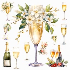 Acuarela champagne png - imágenes prediseñadas de champán, png de año nuevo, copas y botella de champán, imágenes prediseñadas de bebidas