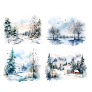 24 Clipart del paesaggio invernale dell'acquerello - grafica stampabile del paese delle meraviglie invernale in formato JPG per uso commerciale