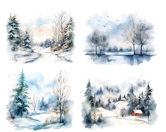24 imágenes prediseñadas de paisaje de invierno de acuarela - gráficos imprimibles del país de las maravillas de invierno en formato JPG para uso comercial