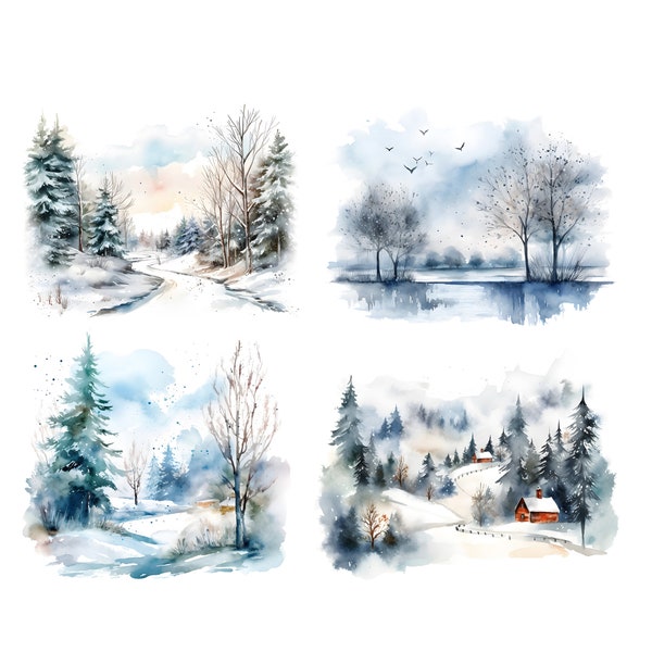 24 Watercolor winter landscape clipart - winter wonderland printable graphics in JPG format for commercial use