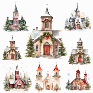 27 Aquarell Weihnachten Kirche Clipart - Winter Kirche digitaler Download Grafiken im jpg Format für die kommerzielle Nutzung