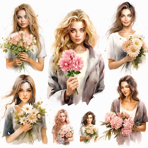 Acuarela linda mujer joven con flores png - clipart floral mujer, flores de niña, rostro de mujer, flores en mano, descarga digital