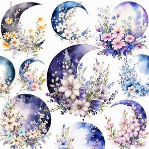 Lua Floral Aquarela PNG: Clipart Celestial, Lua com Flores, Lua Cheia, Lua Crescente, Download Digital