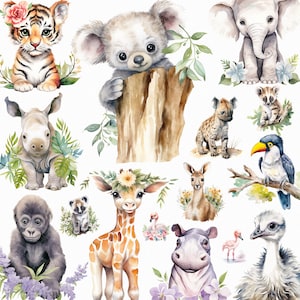 Mignon Safari Baby Shower Clipart - Bébé Safari Animaux Fichiers PNG aquarelle de haute qualité - Animaux de la jungle PNG