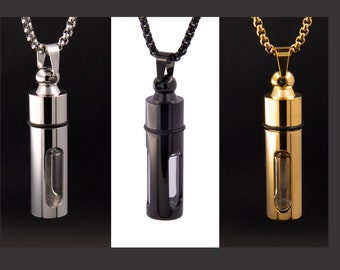 PERSONALIZED Glass Embedded Stainless Urn Blood Vial Keepsake/Display Minimalist Polished Pendant Necklace