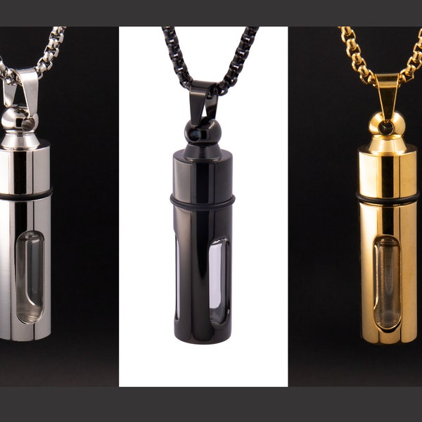 PERSONALIZED Glass Embedded Stainless Urn Blood Vial Keepsake/Display Minimalist Polished Pendant Necklace