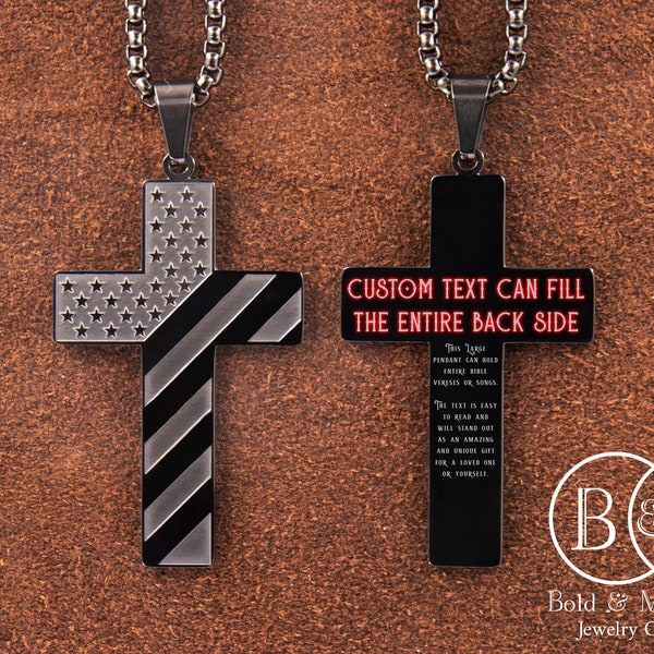 PERSONALIZED 3D American Flag Cross Pendant: Black with Detailed Flag Engraving