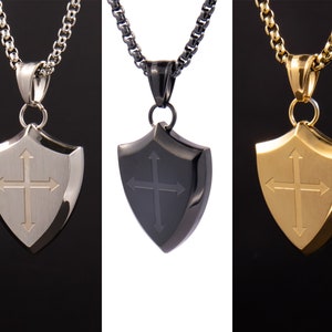 PERSONALIZED Shield of Armor of God Custom Engraved Religious Faith Gift Keepsake Memorial Pendant Necklace Stainless Steel