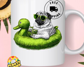 Funny Dog Mug – Pug Dog on Duck Float – Ceramic Mug – Pet Owner - Main Image