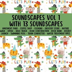 May include: A colorful illustration with a green background featuring various animals, including a crocodile, monkey, giraffe, and lion. The text "SOUNDSCAPES VOL 1 WITH 13 SOUNDSCAPES" is displayed in a large font. The text below lists various soundscapes, including amusement park, coffee shop, cooking, grocery store, nature, walk, office, race track, road construction, rock band, rocket launch, swimming pool, train conductor, and water treatment pipes.