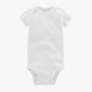 May include: A white short-sleeved baby bodysuit with a round neckline and snap closures at the bottom. The bodysuit is made of a soft, plain fabric and is designed for infants.