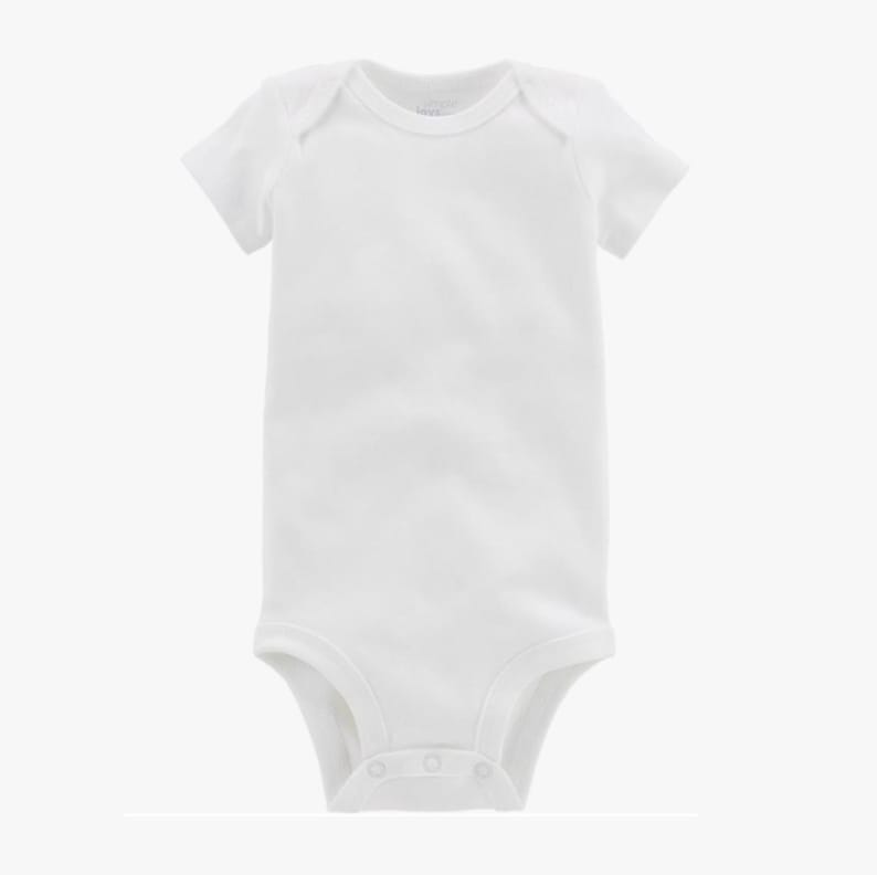 May include: A white short-sleeved baby bodysuit with a round neckline and snap closures at the bottom. The bodysuit is made of a soft, plain fabric and is designed for infants.