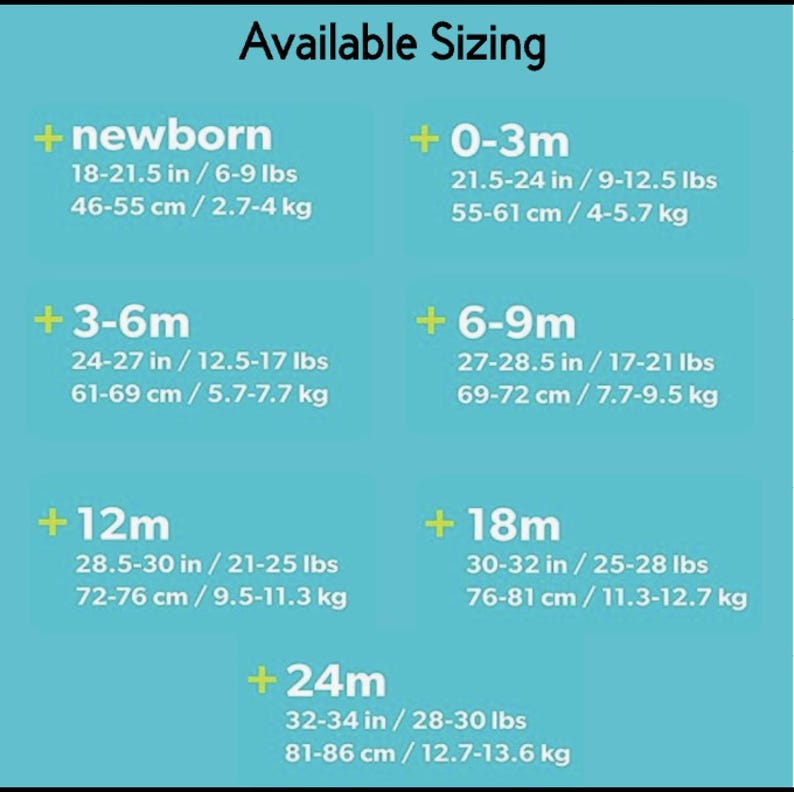 Op de afbeelding: Een lichtblauwe maattabel met de titel Available Sizing, met leeftijdsgroepen voor baby's van pasgeboren tot 24 maanden. Elke categorie bevat gewichts- en lengtematen in inches, ponden, centimeters en kilogrammen.
