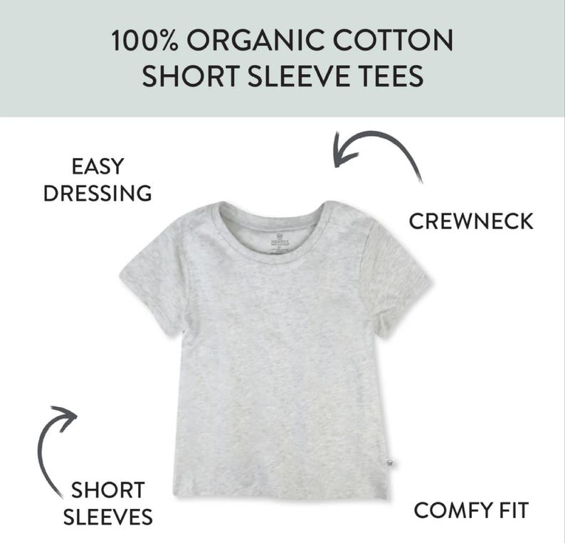 Op de afbeelding: Een lichtgrijs t-shirt met korte mouwen gemaakt van 100% biologisch katoen. Het shirt heeft een ronde hals, korte mouwen en een effen ontwerp. Tekst op de afbeelding bevat 100% ORGANIC COTTON SHORT SLEEVE TEES, EASY DRESSING, CREWNECK, SHORT SLEEVES, COMFY FIT.