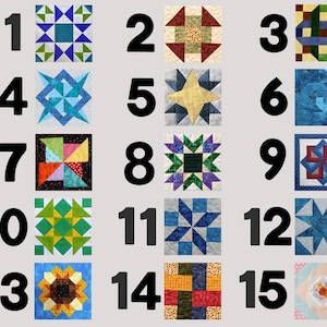 May include: A collection of 15 colorful quilt blocks, each with a unique geometric design. The blocks feature various patterns, including stars, squares, and pinwheels, in shades of blue, green, yellow, red, and orange. The blocks are numbered 1 through 15.
